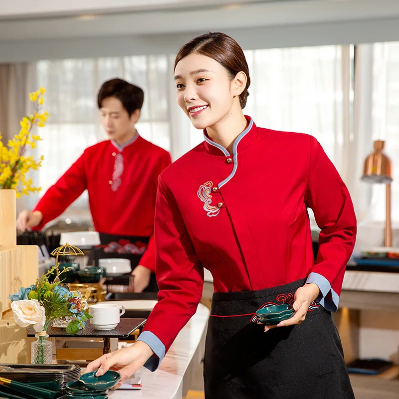 鍋レストランウェイター作業服トップケータリング茶室ホテルレストラン食品配達スタッフ秋冬長袖 Wor