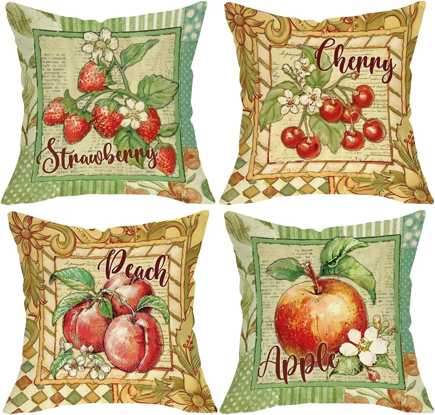 Cottagecore Printed Fruit Pattern Throw Pillow Cover Set of 4 Seasonal Botanical Accent Home Decor for Living Room Bedroom