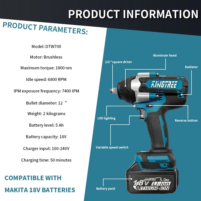 Kingtree 1800 N.M Torque  Brushless Electric Impact Wrench  Lithium-Ion Battery For Makita 18V Battery Home DIYS power tools