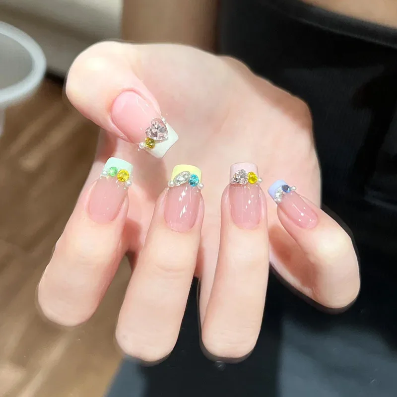 10pcs Dopamine French Press on Nails Fake Nails with Colorful Edge Diamonds Design Ballerina Wearable Full Over Acrylic Nail Tip