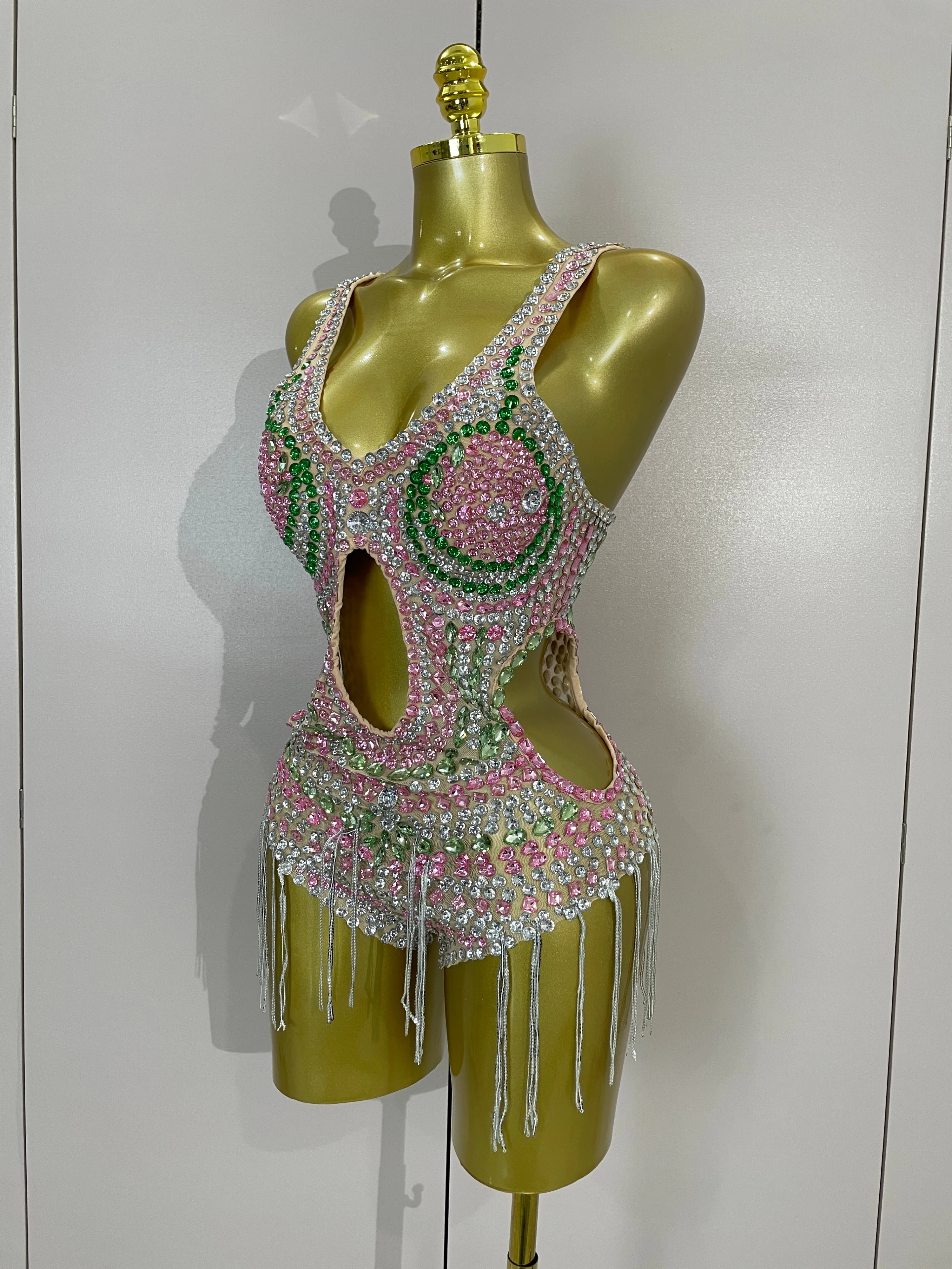 New Sparkly Colorful Rhinestone Tassels Sexy Mesh Bodysuit Women Eveing Party Birthday Dance Nightclub Performance Stage Costume