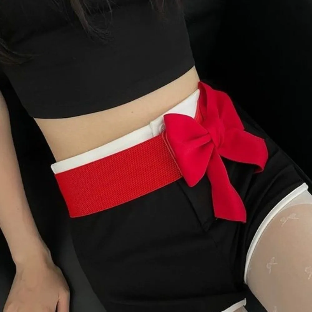 เข็มขัดผ้าเนื้อนุ่มแบบยืดหยุ่น ประดับโบว์ใหญ่ ดีไซน์หวานหรูหรา เหมาะสำหรับชุดราตรีและกระโปรง