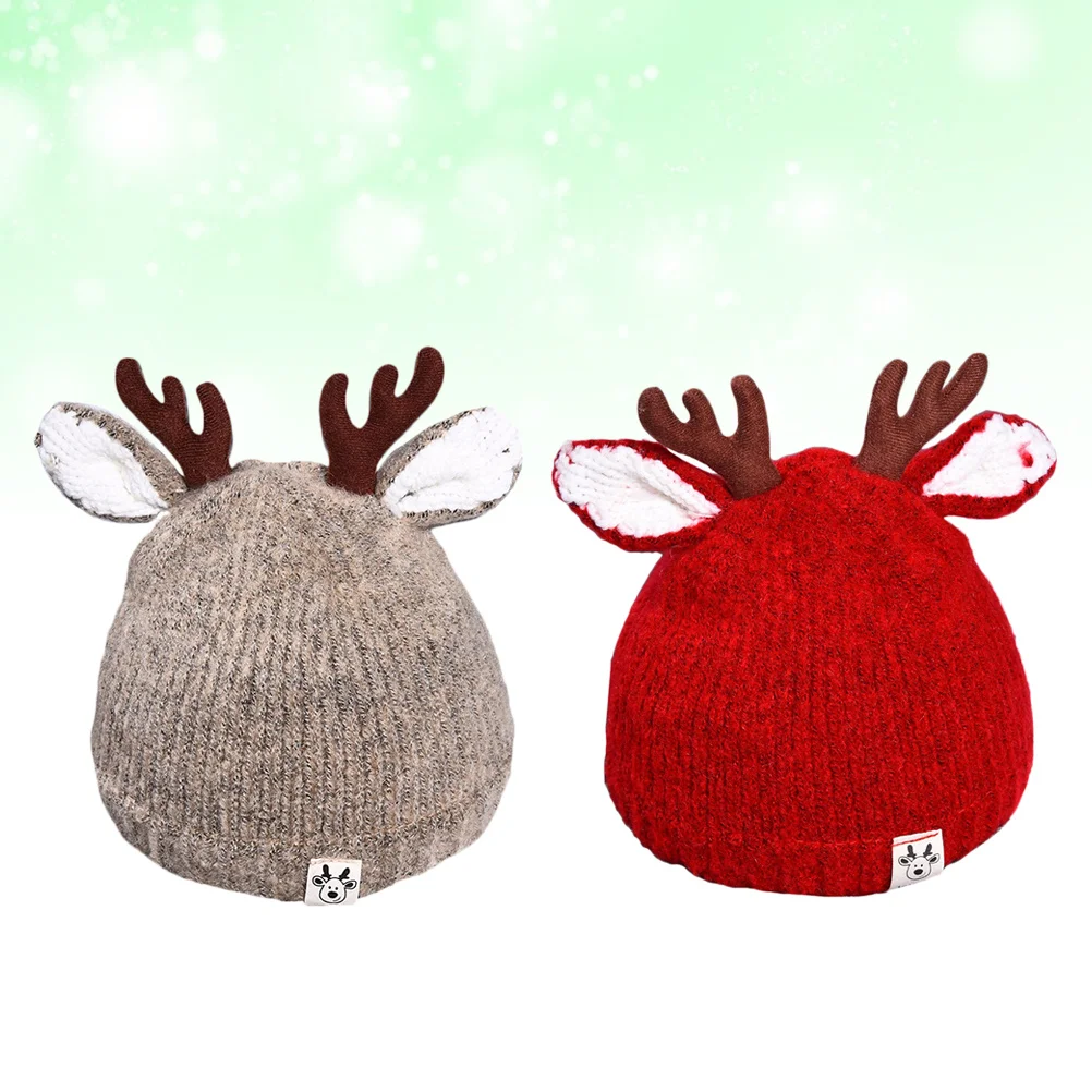 

2Pcs Baby Antler Crochet Hats 0-3 Years Woolen Warm Knit Caps Kids Winter Hat Christmas Party Baby Knitted Hat