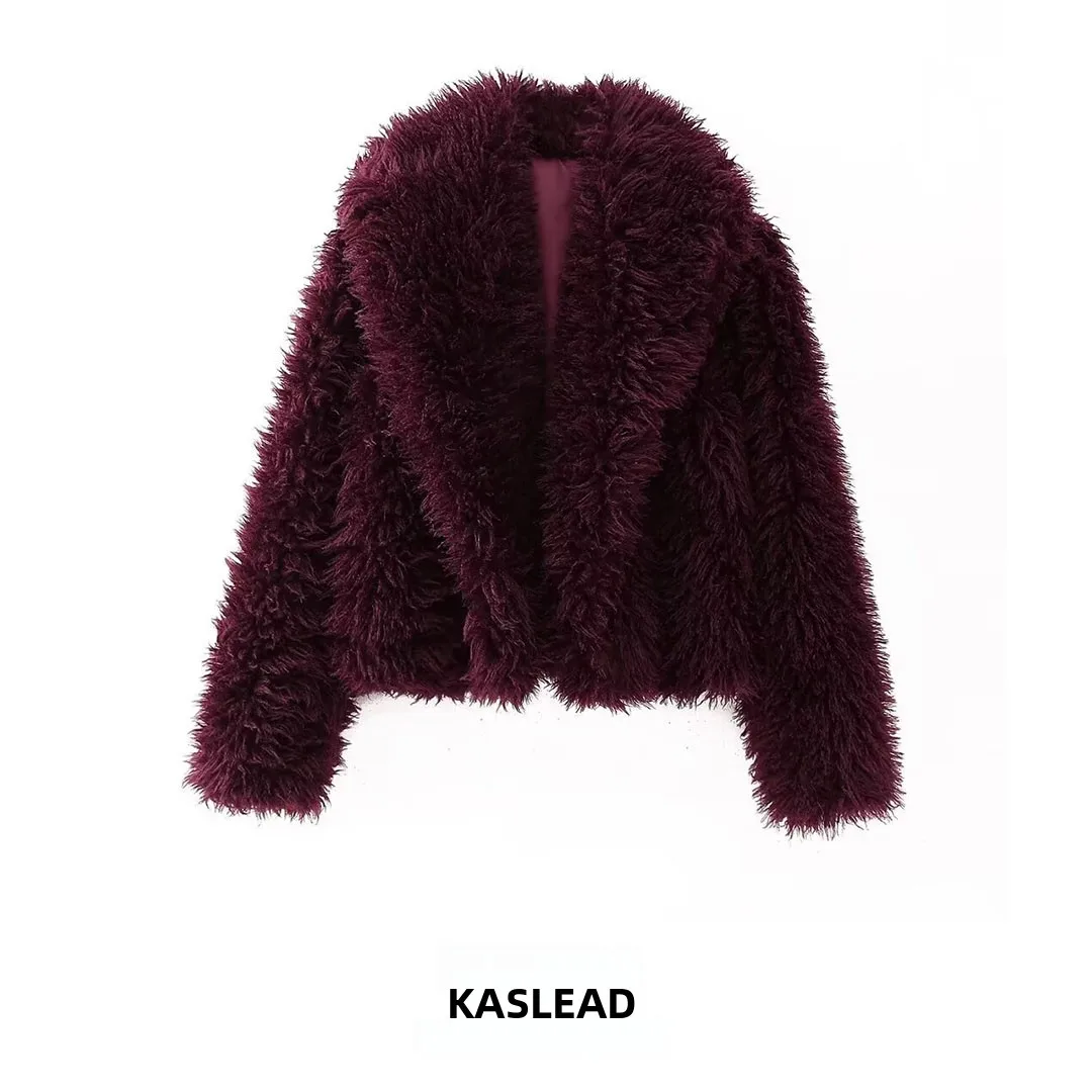 KASLEAD New Women's Fashion Short Fur Coat Eco-friendly Versatile -length Outerwear Polyester Fiber Long Sleeve