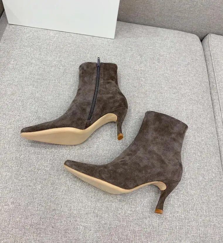 2024 Spring Ankle Short Boots Chic Fashion Side Zip Cow Suede Genuine Leather All Match Elegant Fashion Thin Heel Nude Bota