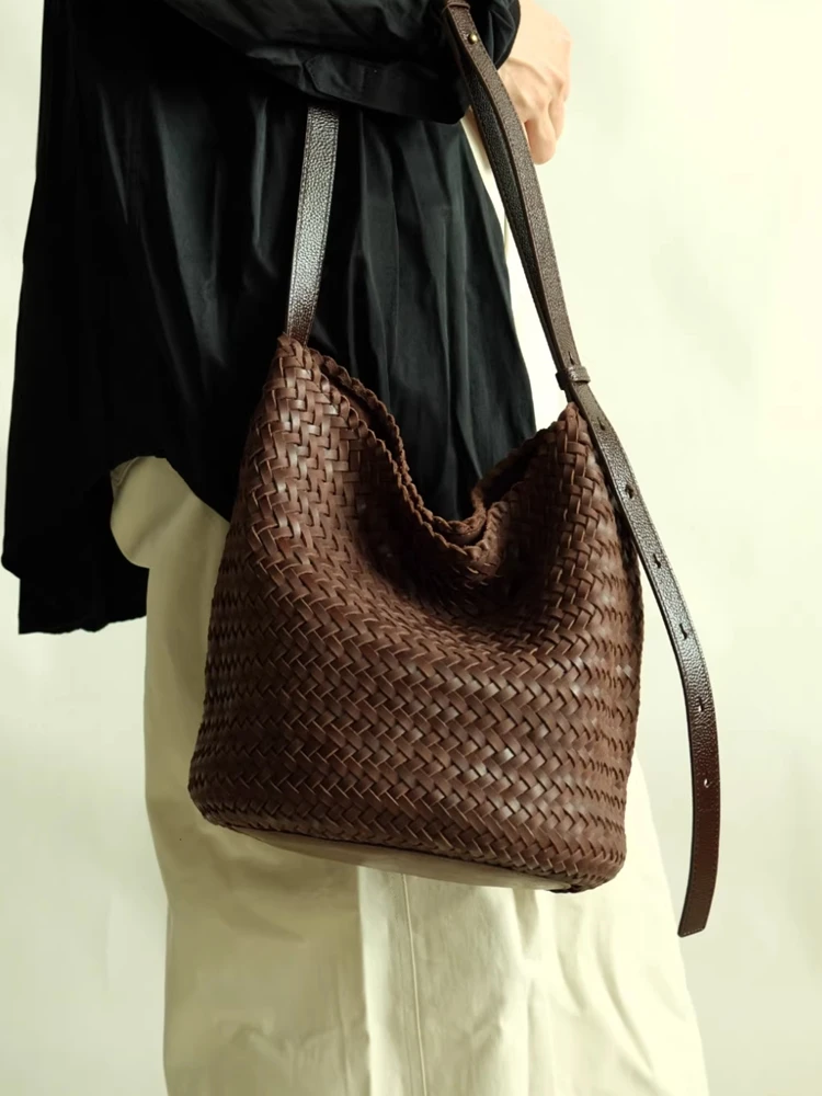 Fashion Retro Hand Weave Genuine Leather Women Tote Bag\Handbag Real Leather Lady Underarm Shoulder Crossbody Holiday Bag Big