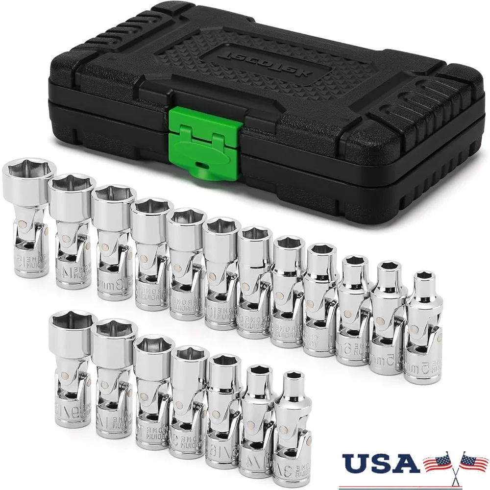 

19-Piece 1/4-Inch Drive Universal Joint Socket Set Swivel Socket Set 6-Point SAE Metric CR-V Heavy Duty Storage Case