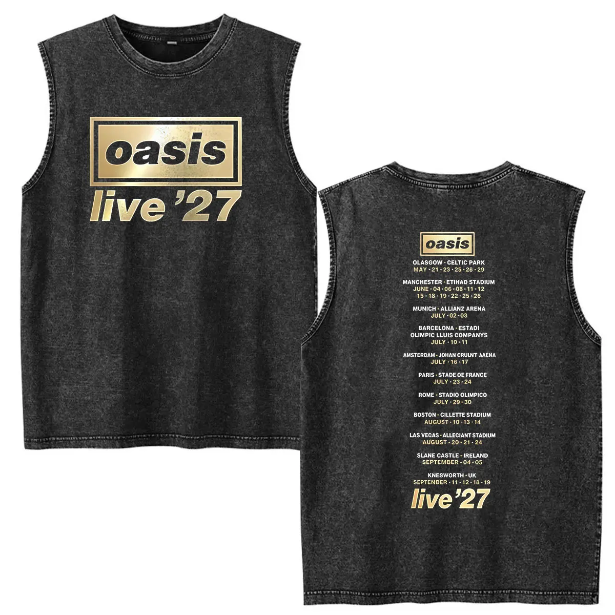 Vintage Washed Vest 100% Cotton T Shirt O-Oasis Live 2027 Tour Double Sided Print T-shirts Men Women Clothing Oversized T-shirt