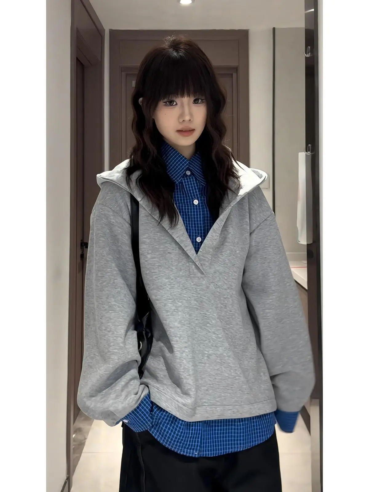 

Мужская весенняя модная куртка-худи в американском стиле с имитацией двухслойности, в клетку, с эффектом пэчворк, Cleanfit Outerwear