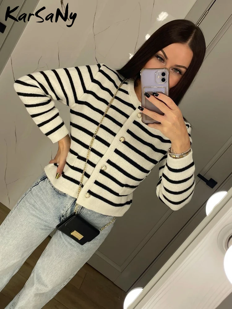 Autumn Women\'s Clothes O-neck Stripes Cardigan Knitted Coats For Woman Long Sleeve Casual Button Slim Sweater Office Lady Outfit