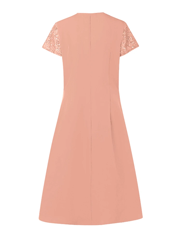 ZANZEA 2025 Elegante V-hals Feestjurk Vrouwen Stijlvolle Kant Patchwork Jurken Korte Mouw Werk Zonnejurk Solid Midi Vestido Gewaad