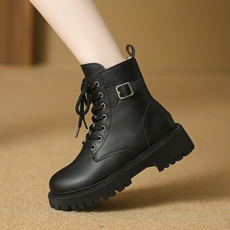 Leather boots women's new autumn and winter boots thick-soled heightening British style short boots are popular this year