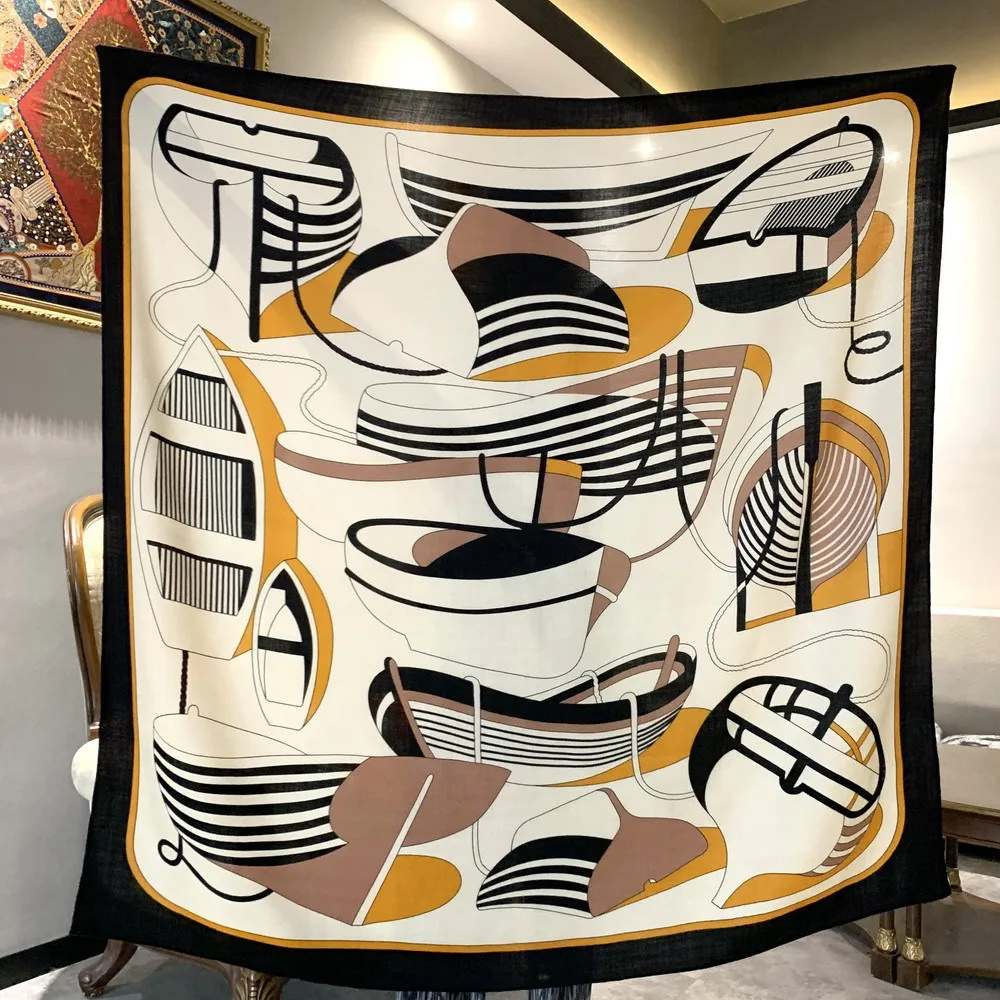 

Высококачественная элегантная женская тонкая простая лодка с эскизом, двусторонний принт, качественная шелковая шерсть, скрученные вручную края, большой квадратный шарф, шаль