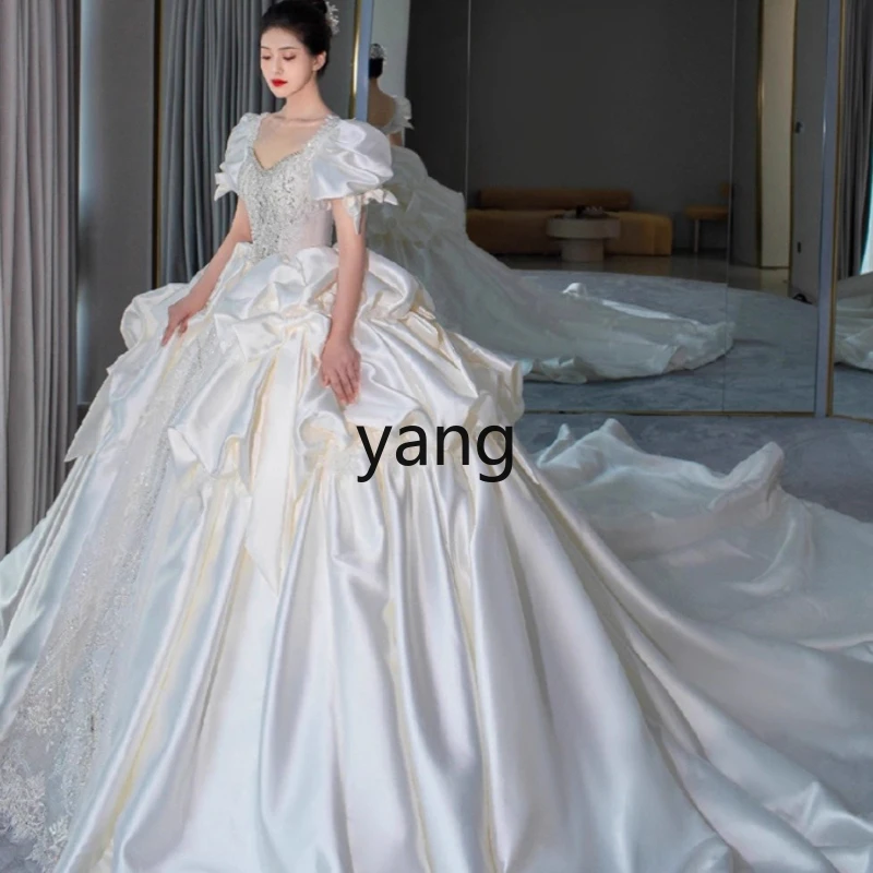 

LMM Satin Wedding Dress Bridal French High Waist Small Spring Trailing Main Dress