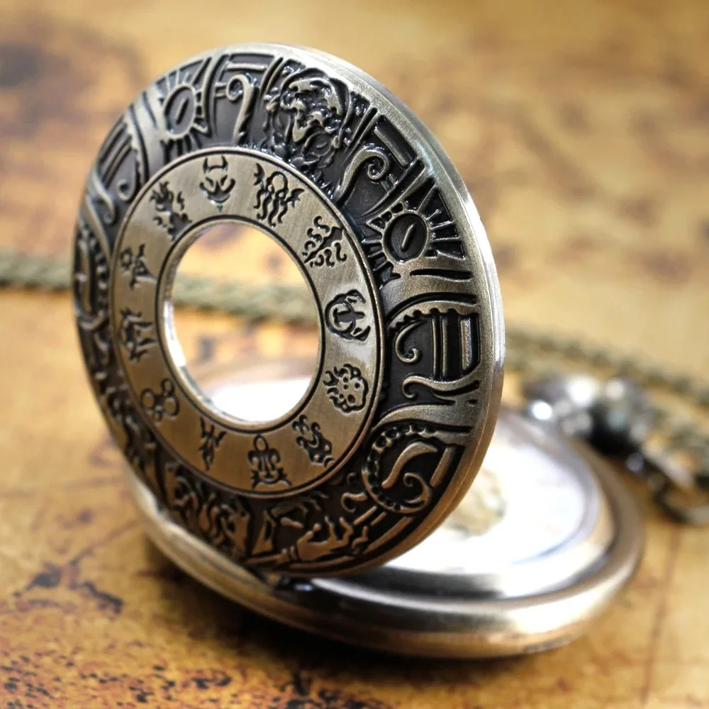 12 조디악 테마 중공 석영 주머니 시계 체인 펜던트 시계 체인 여성을위한 절묘한 매력 선물 남성 더 오래