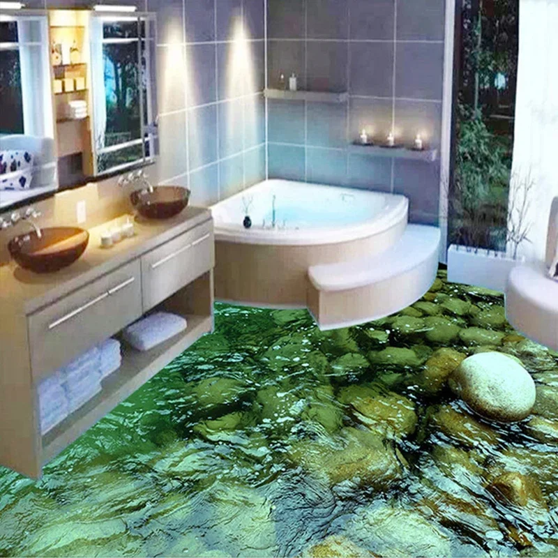 Custom 3D Flooring Vinyl Wallpaper Natural Scenery Stone Water Bathroom Kitchen Floor Sticker Painting PVC Waterproof Wallpaper