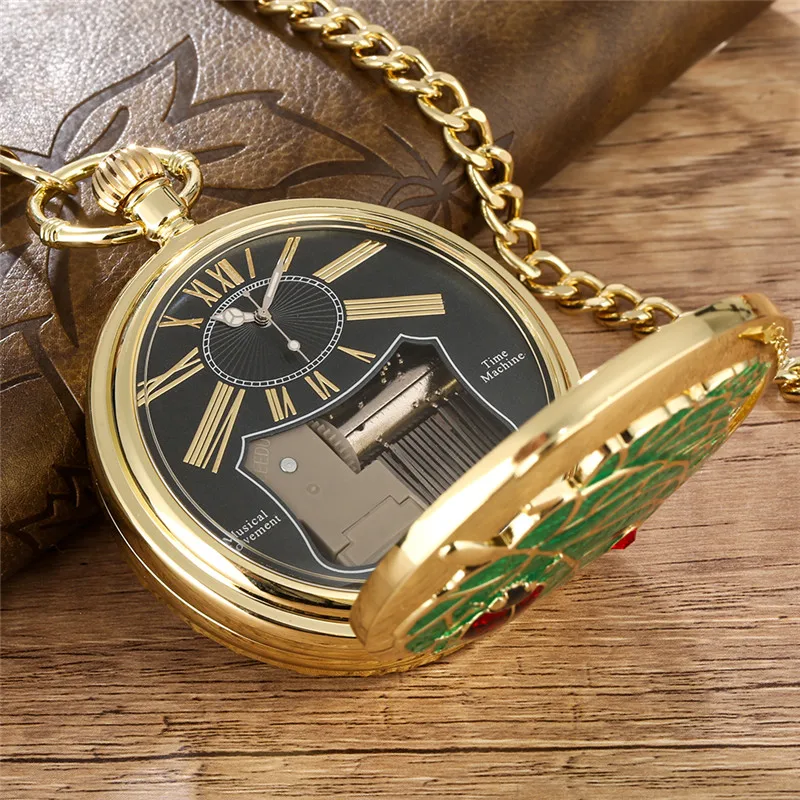 Retro Play Music Quarz-Taschenuhr mit Käferblatt-Muster Castle in the Sky Melody Eleganter Vintage-Uhr mit FOB-Kette – Detail 6