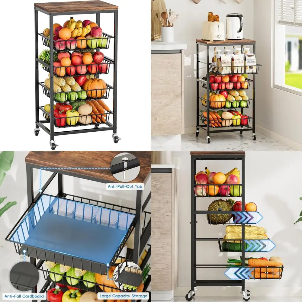 

4-х уровневая кухонная тележка на колесиках с выдвижными корзинами и деревянной столешницей для кладовой и гостиной (коричневая)