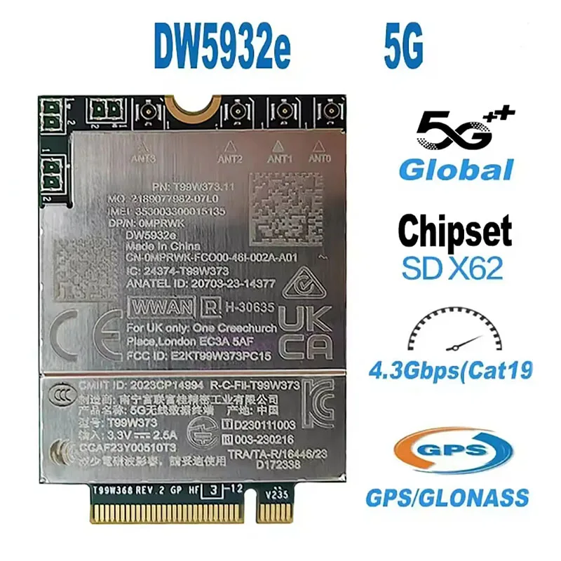 T99W373 DW5932e Snapdragon SDX62 Global 5G Modem For Latitude 7350 7450 7650 5350 5450 5550 9450 Precision 5490 5690 Laptop