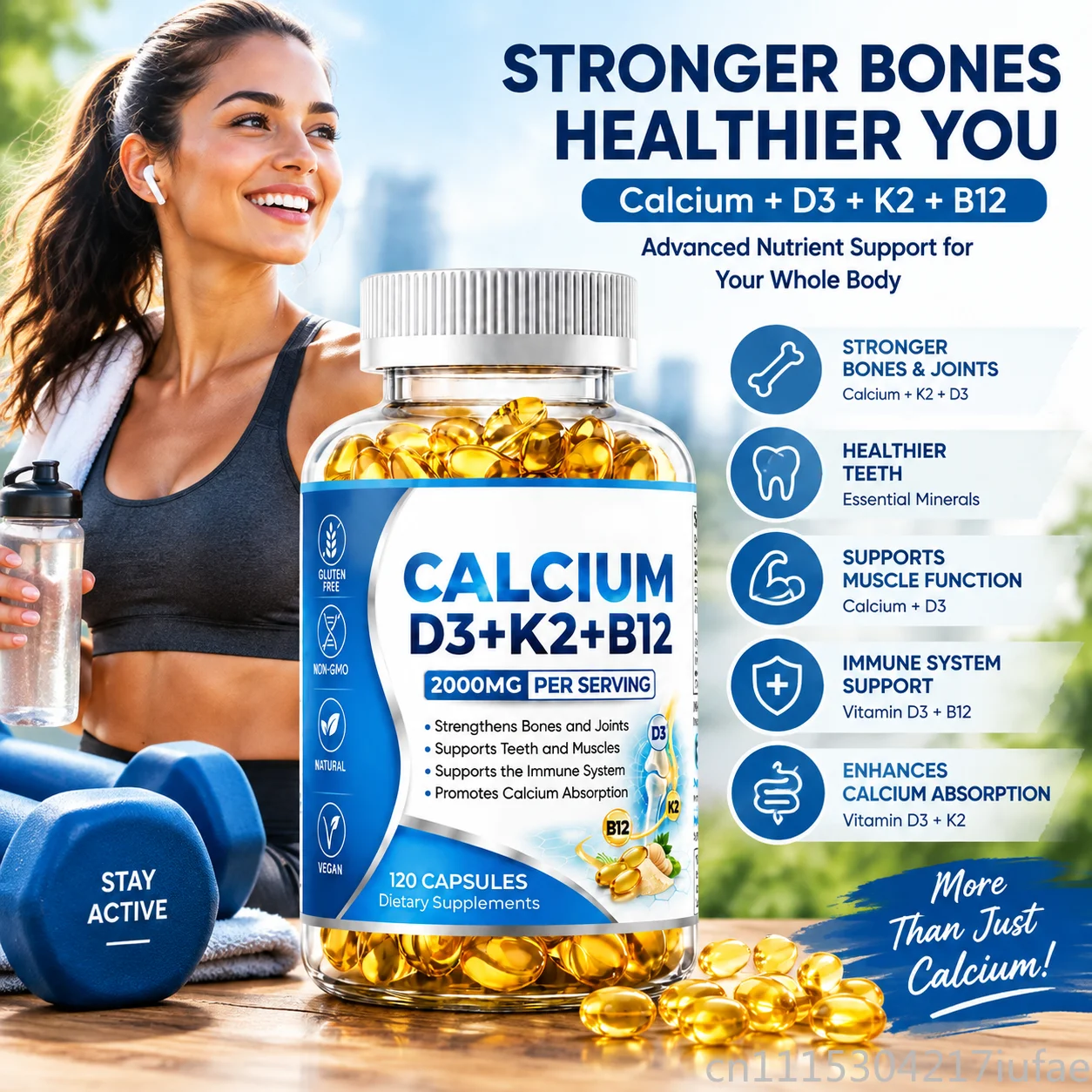 Calcium D3 K2 B12 Capsules 2000mg 120pcs Support Bone Joint & Immune Health Supplement
