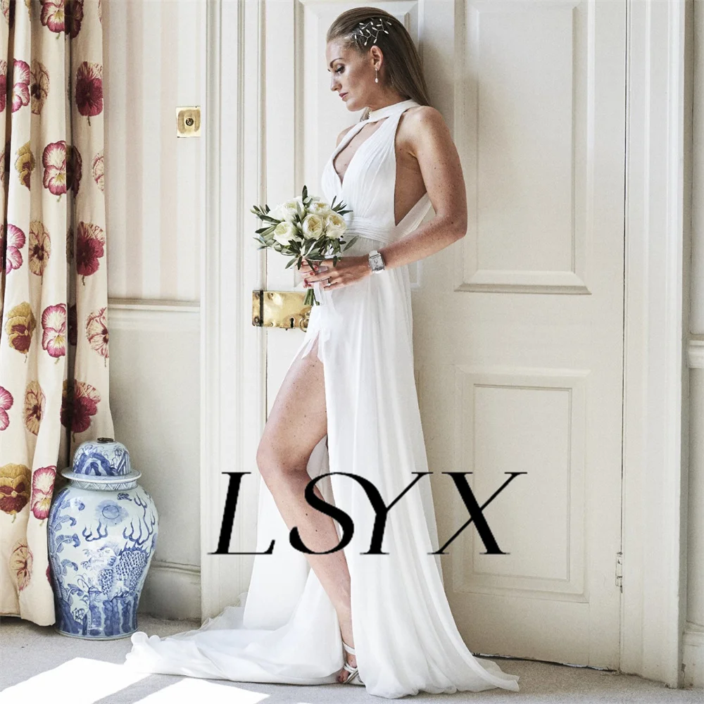 LSYX vestido de novia plisado de cuello alto Simple, gasa recortada sin mangas, cremallera trasera, abertura lateral alta, línea A, longitud hasta el suelo