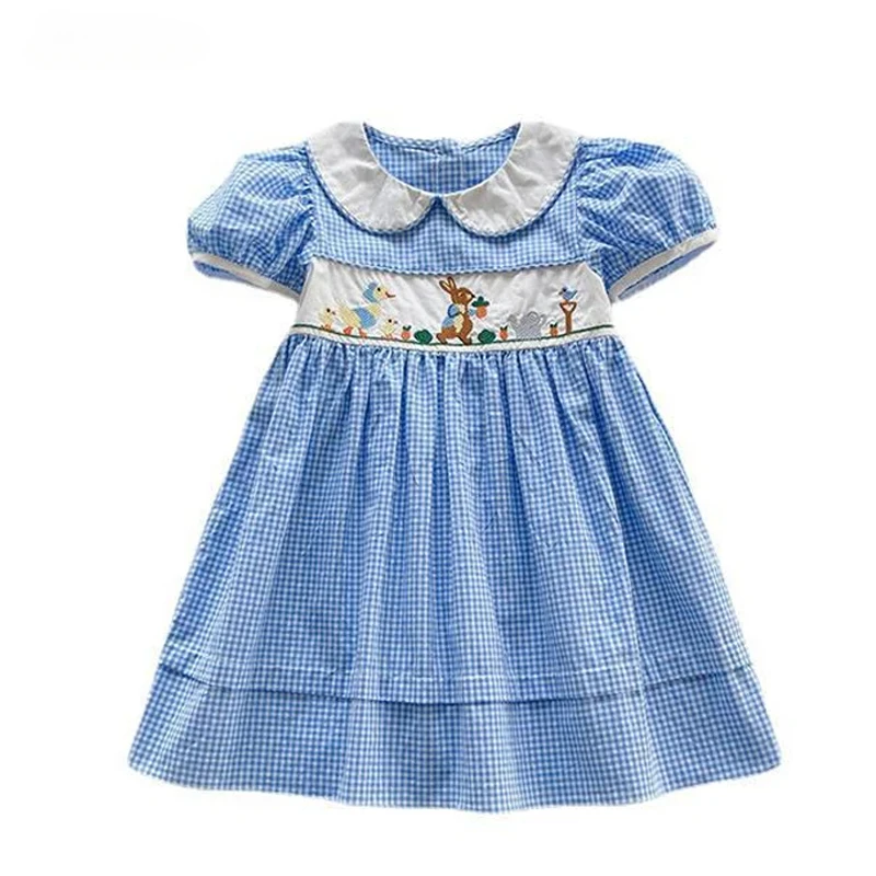 

2024 Children Rabbit Embroidery Blue & White Plaid Cotton Outfit Vintage Summer Dress for Junior Girls Kids Spanish Outerwear