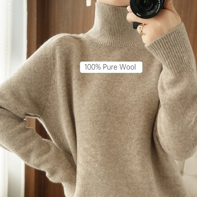 Women's 100% Pure Wool Sweater New Fashion Thicken Loose Half Turtleneck Sweater Women's Pullover  Sweaters Oversized Sweater