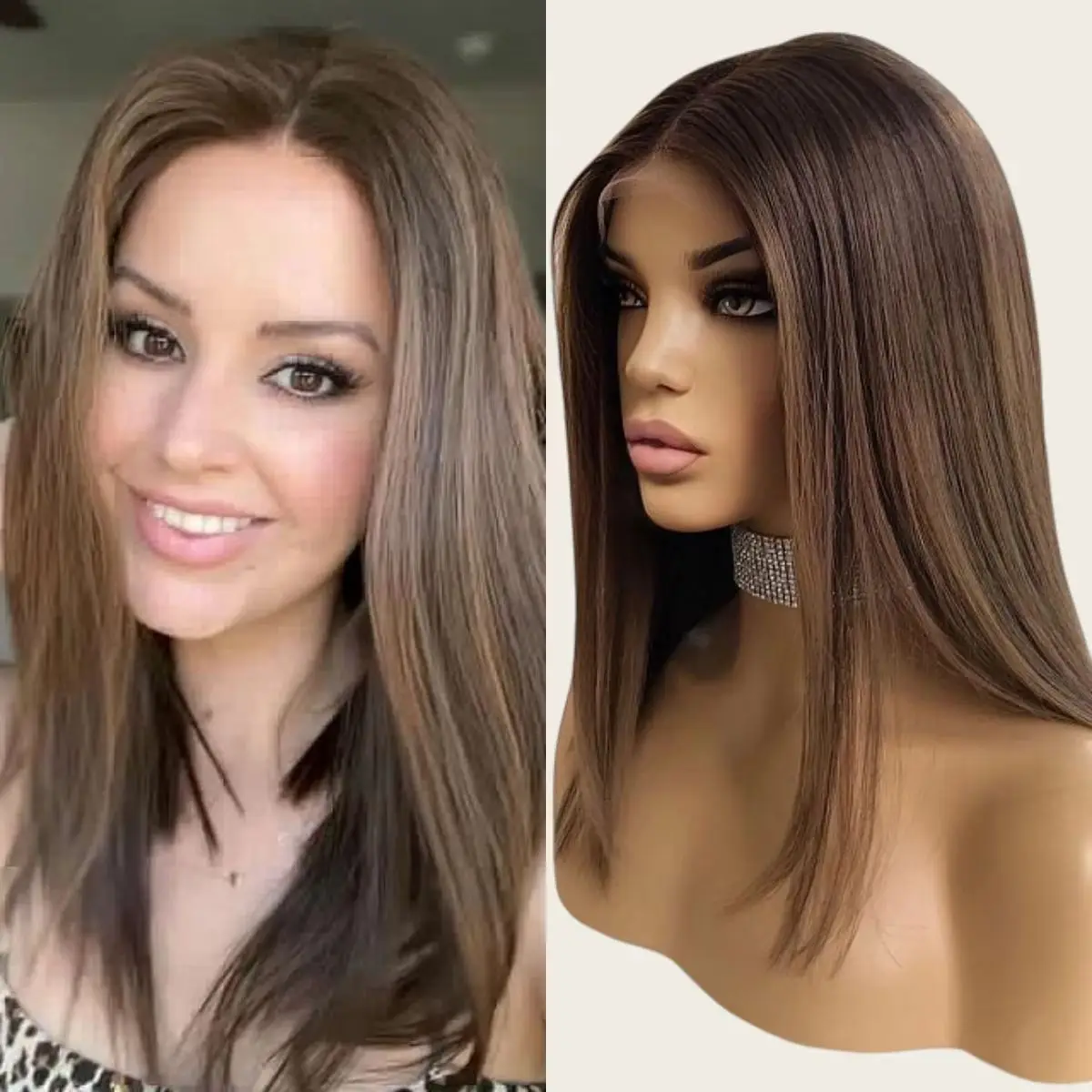 Middle Part Ombre Chestnut Brown Luxury Synthetic Lace Front Wig Short Straight Bob 180% Density Full Wigs With Blonde Highlight