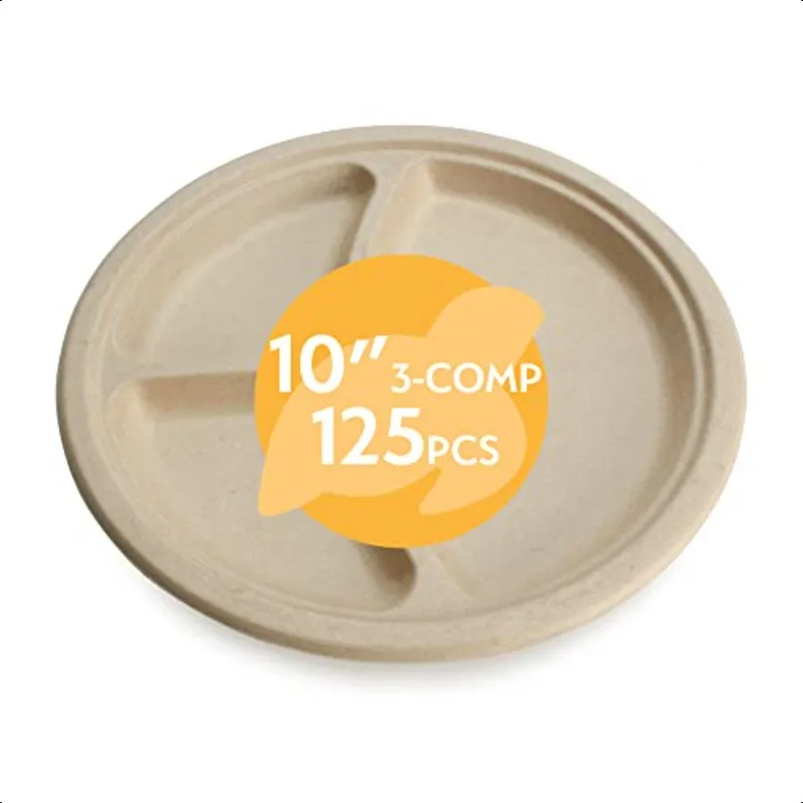 

100 Compostable Paper Plates Bulk [10 3Comp 125 Pack] Bamboo Plates Eco Friendly Biodegradable Sturdy Large Dinner Party Plate
