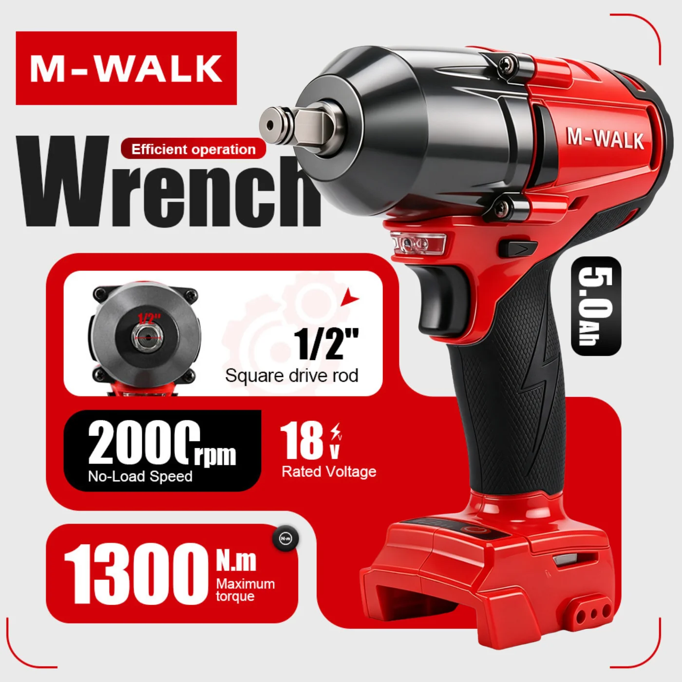 M-WALK 18V Brushless Cordless Impact Wrench 1000N.M Max Torque 5 Speed Control 1/2