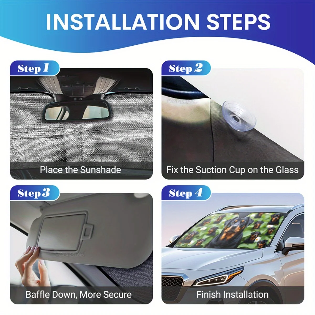 قطعة واحدة من مظلة السيارة WILDLAVIE Rottweiler وطبعة زهور - غطاء زجاج أمامي مقاس 57 بوصة × 27.5 بوصة مع 4 أكواب شفط مجانية، حماية متينة من الأشعة فوق البنفسجية #4