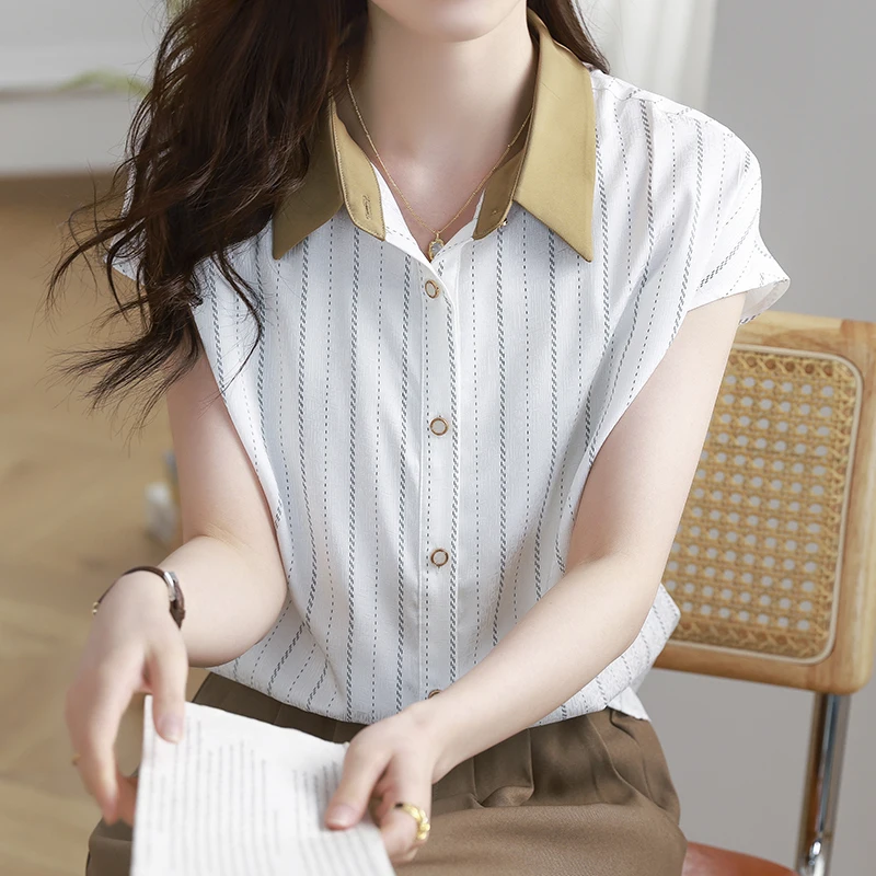 QOERLIN Striped Chiffon Shirts Women Turn-Down Collar Short Sleeve Summer Shirts Female New Button Up Tops Elegant Office Ladies