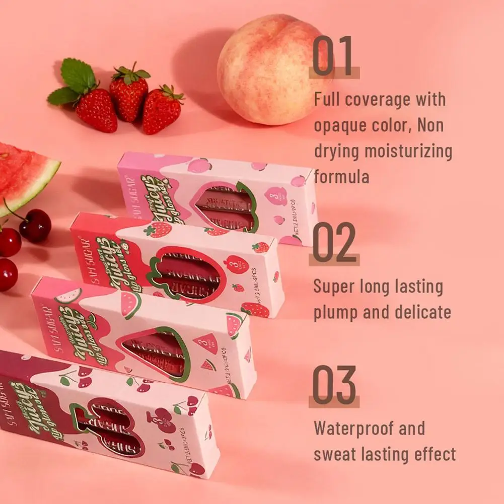 3pcs Fruit Cherry Strawberry Liquid Lipstick Makeup Kit Non Stick Cup Colorfast Long Lasting Velvet Matte Peach Lip Gloss Set