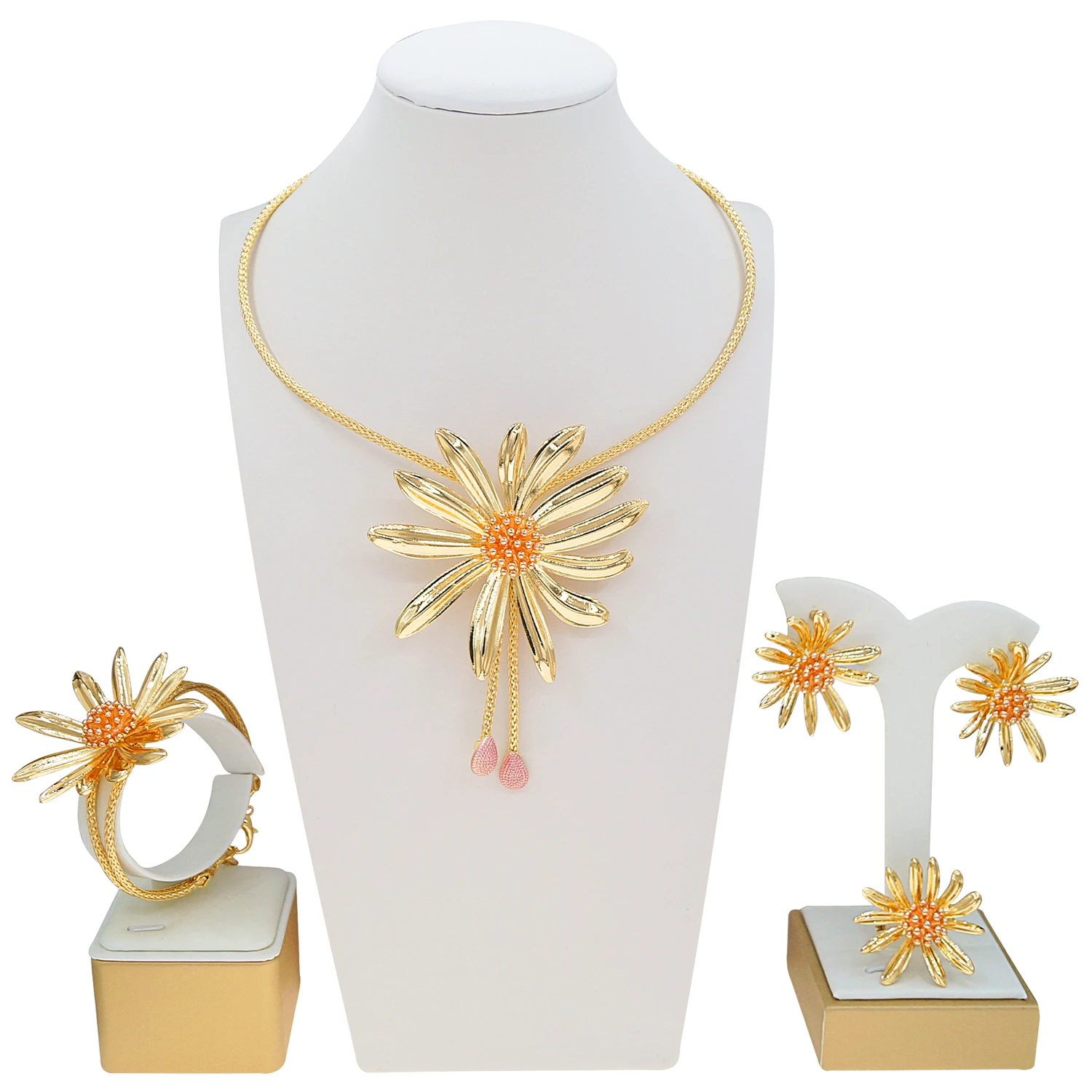 

Цветочный позолоченный комплект украшений из трех предметов, серьги, ожерелье, кольцо, индивидуальные аксессуары для банкета и вечеринки