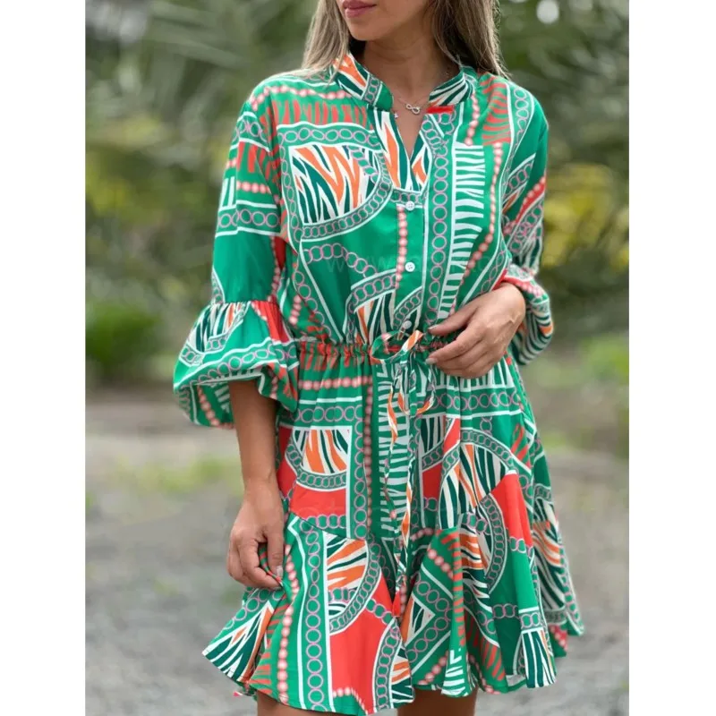 2024  Summer New Fashion Women's Mini Dress V-Neck Flare Sleeves Boho Print Skirt Spliced Sexy Holiday Beach  Dress Streetwear