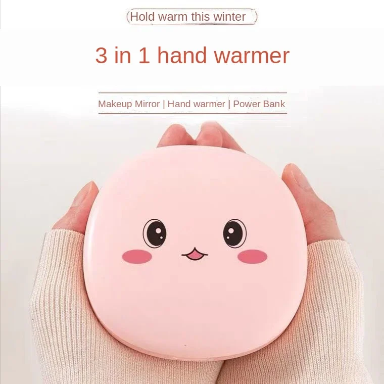 Hand Warmer Rechargeable 3In1 Cartoon Portable Heater USB Charge Power Bank Cosmetic Mirror Hand Warmer In Winter Three Colors