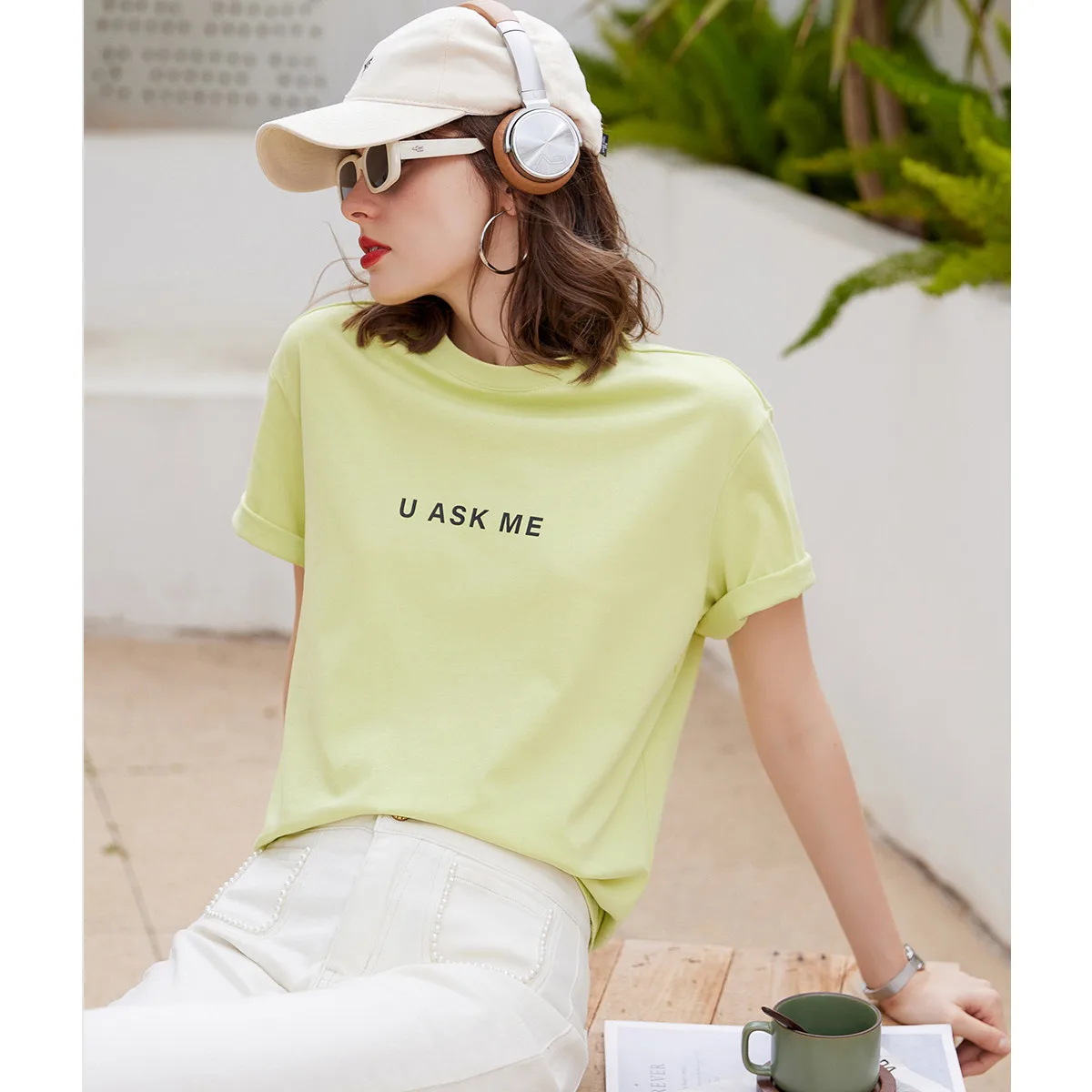 LOUIS YAO Women T-shirt 2024 Summer New Tee O Neck Short Sleeve Casual Print Letter Pullover Loose Basic Cotton Women\'s Top