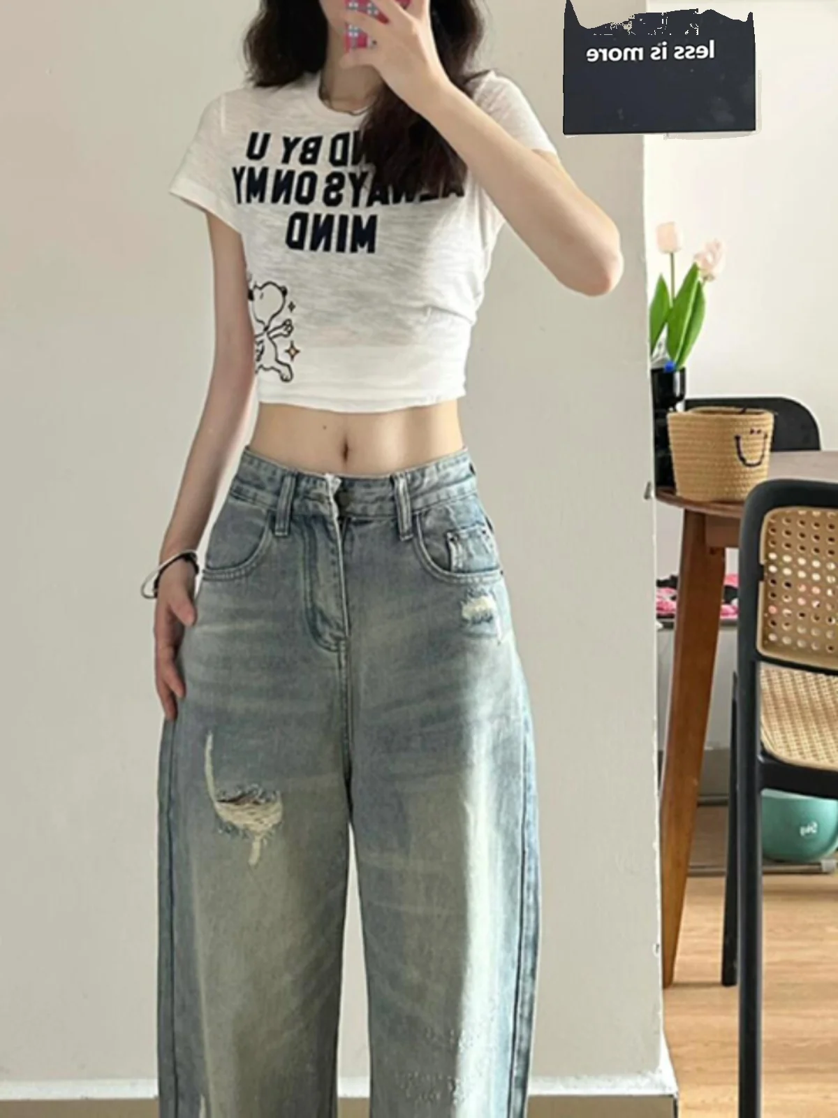 

High Waist Wide Leg Denim Jeans Women's New Sle Hollow out Straight Long Pants Loose Slimming Trousers Floor-Length