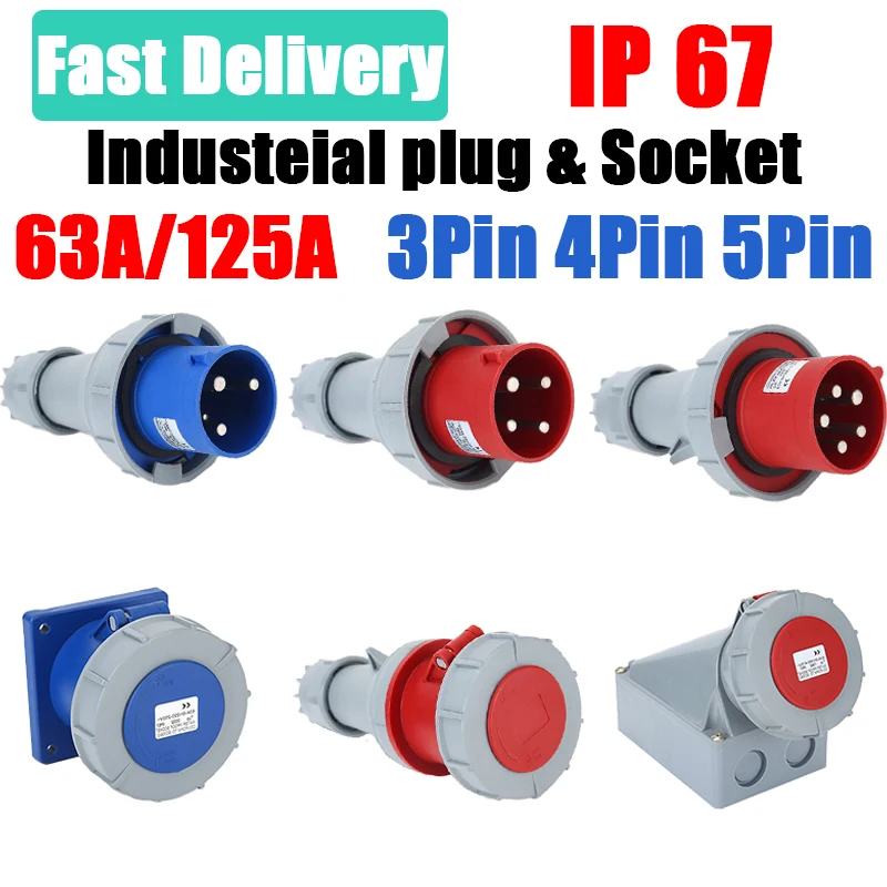 

63A 125A Industrial Plug Socket 3pin 4pin 5pin 220V 380V Electrical Connector IP67 Wall Mounted Socket Panel Mounted Coupler