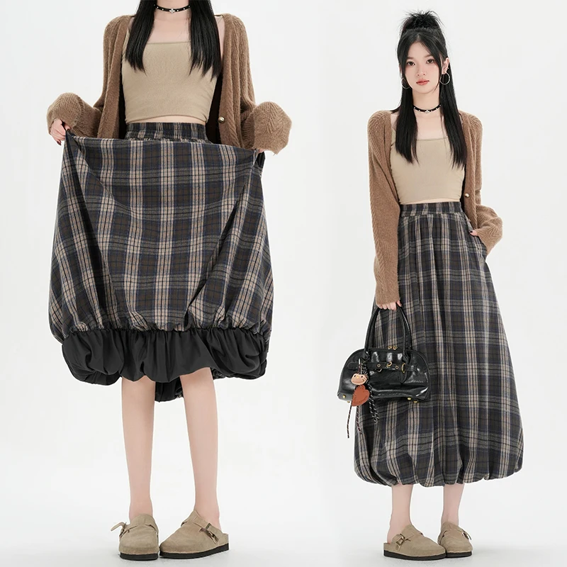 2026 Autumn Winter Women Vintage Plaid Balloon Skirt High Waist Elastic Waist Pleated A Line Long Umbrella Skirt Midi Skirt