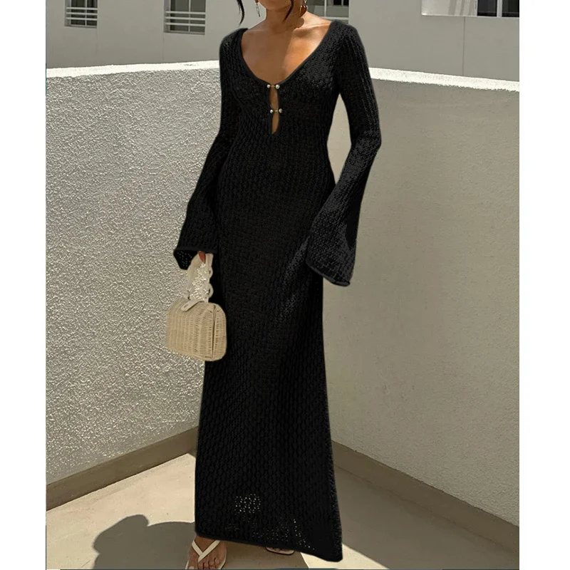 BluWin New Style Knitting Hollow Out V-Neck Long Sleeve Dress Ladies Beach Holiday Backless Bikini CoverUps Sunscreen Long Dress