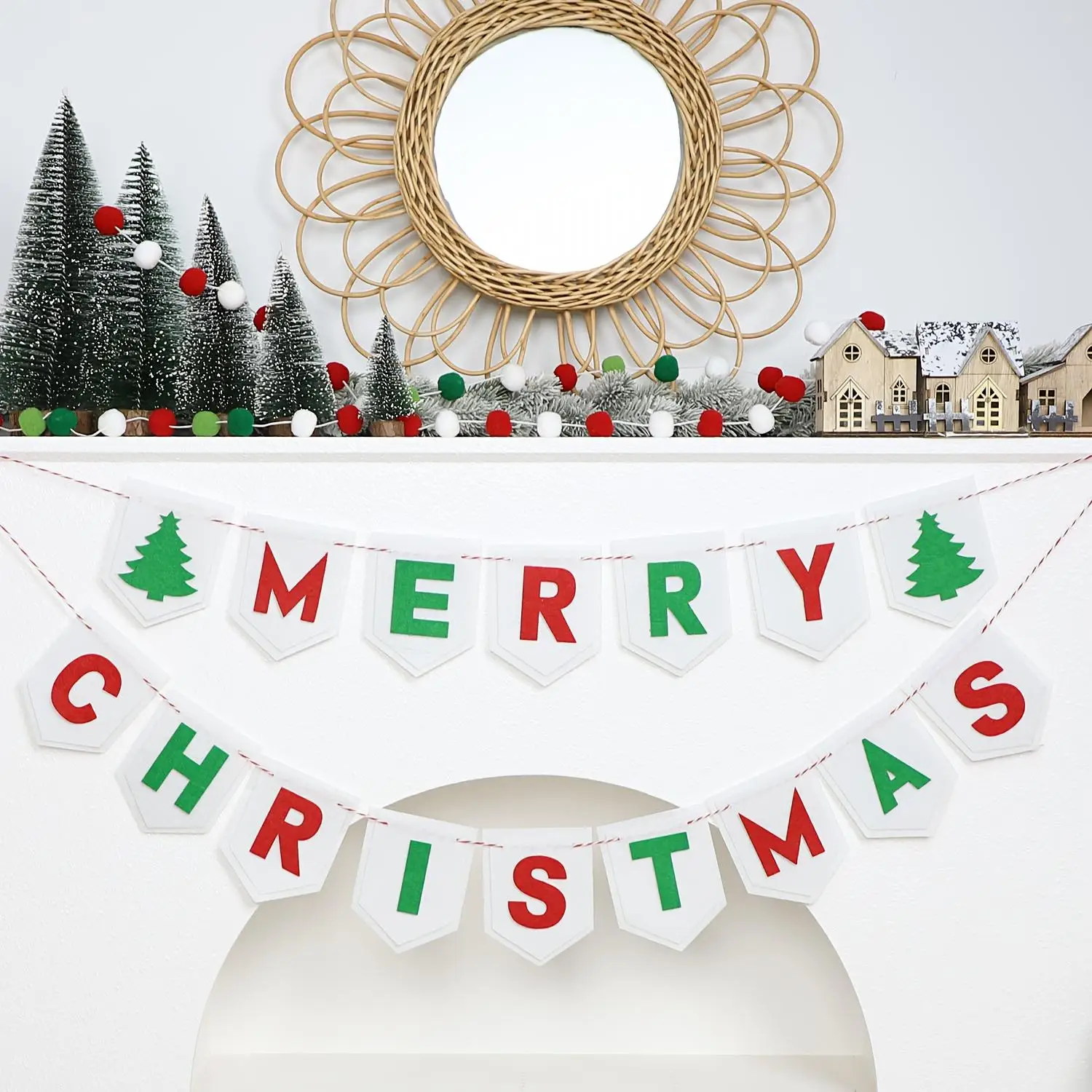 قطعتان من لافتة لباد عيد الميلاد، ديكور مدفأة الحائط باللون الأحمر والأخضر لحفلات العطلات