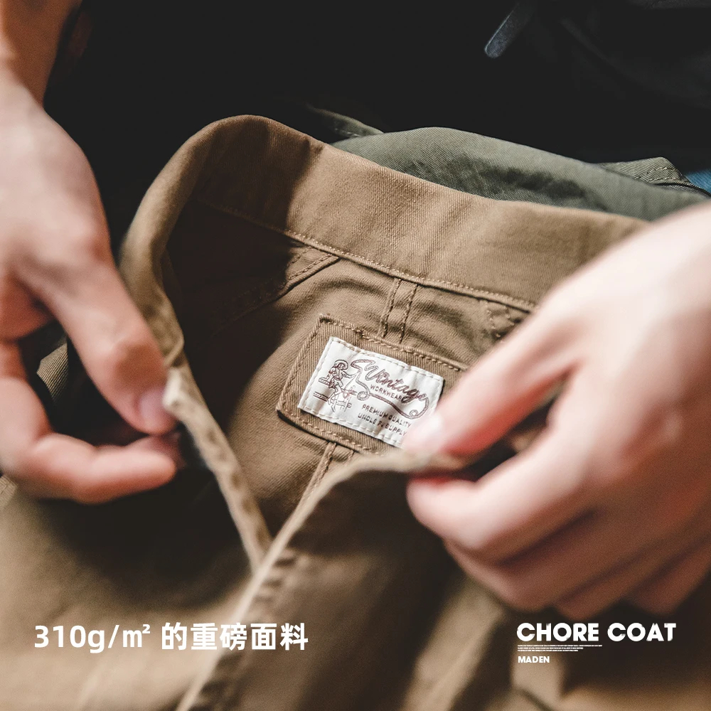 Maden Heavyweight Twill Fabric Four-pocket Chore Coat for Men Khaki Color Turn-down Collar Utility Jacket Male Autumn Jackets