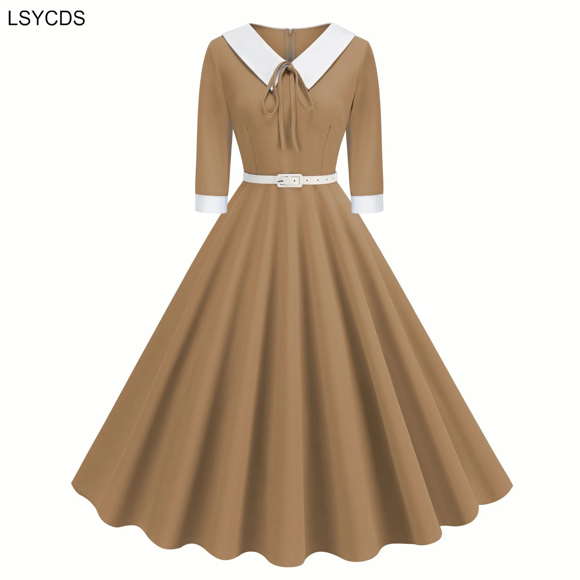 LSYCDS Elegant Belted 1950s Vintage Midi Swing Dresses Contrast Collar Bow Front 3/4 Length Sleeve Women Autumn Clothing Dress