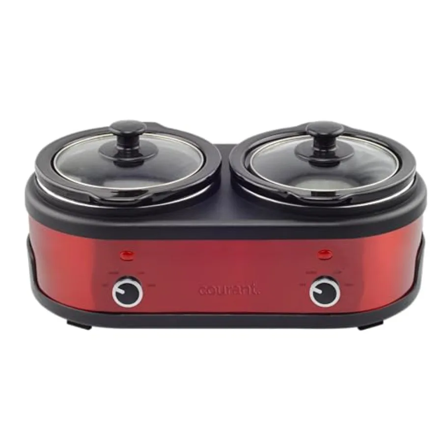 

3.2-Quart Double Slow Cooker 1.6-Qt each with Warm Settings Stainproof Stoneware Pots and Glass Lids Red Stainless Steel