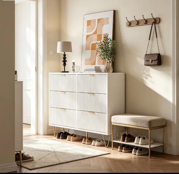 Commode à 6 tiroirs et grande capacité, buffet moderne pour salon, chambre, couloir, blanc et or