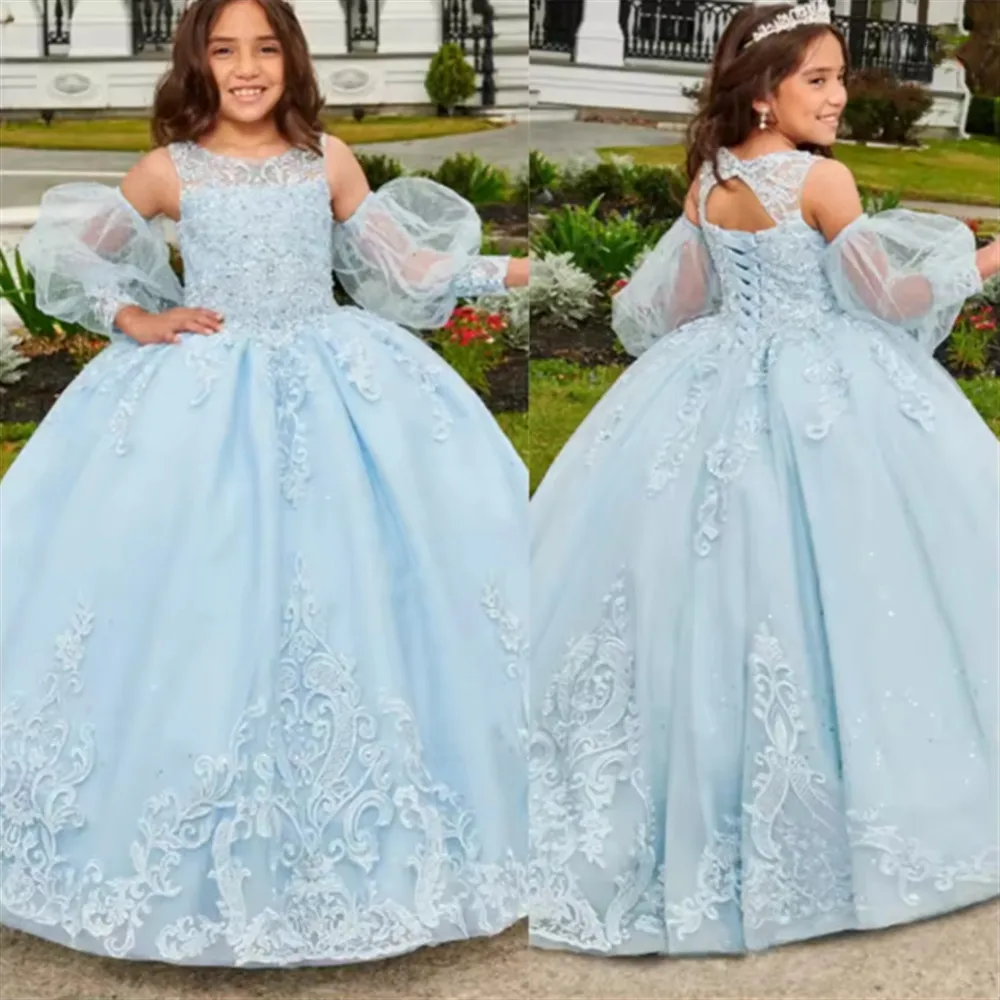 

Luxury Flower Girl Dress for Wedding Appliques Sequins Sleeveless Elegant Girl Kids Birthday Party First Holy Communion Gown