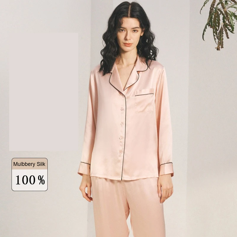 Women's Summer 100%Mulberry Silk Pajama Set Long Sleeve Pants Lapel Trousers Top Loungewear Suit XXL size Spring Casual Cozy