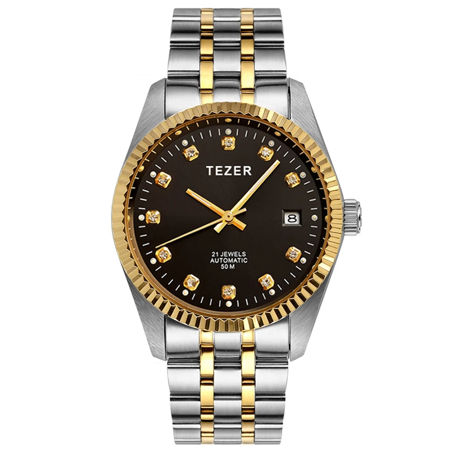 TEZER Men Automatic Watch | Two‑Tone Steel Bracelet | Diamond‑Studded Dial | Calendar | 50M Water Resistant
