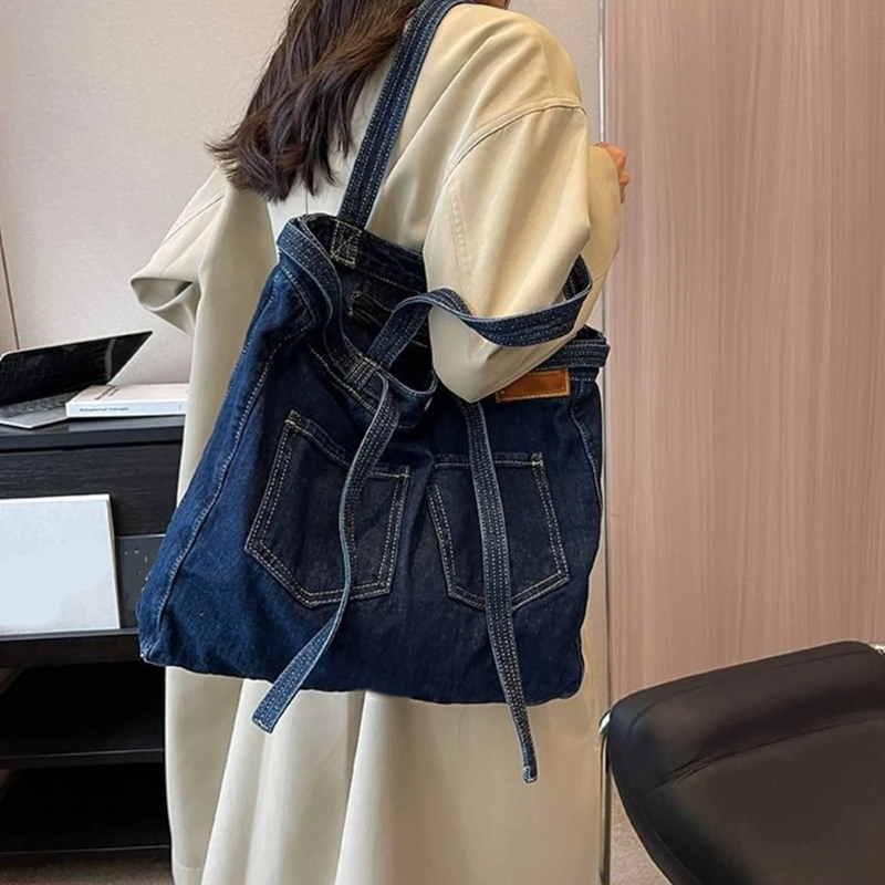 à main en jean Vintage japonais pour femmes, à bandoulière avec lettres brodées, Double poche capacité